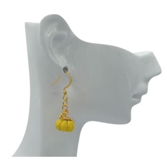 Yellow Pumpkin Dangle Earrings – Cute Fall Accessory – Thanksgiving - Picture 2 of 5